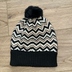 J. McLaughlin cashmere wool blend Chevron Knit Beanie with Pom Pom